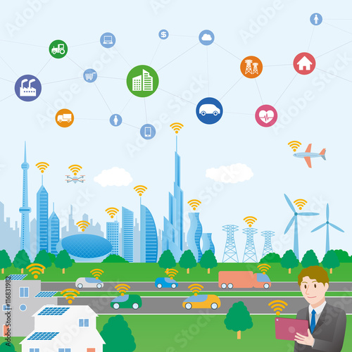 smart city and people conceptual illustration with various technological icons, futuristic cityscape and lifestyle, smart gird, IoT(Internet of Things), ICT(Information Communication Technology)