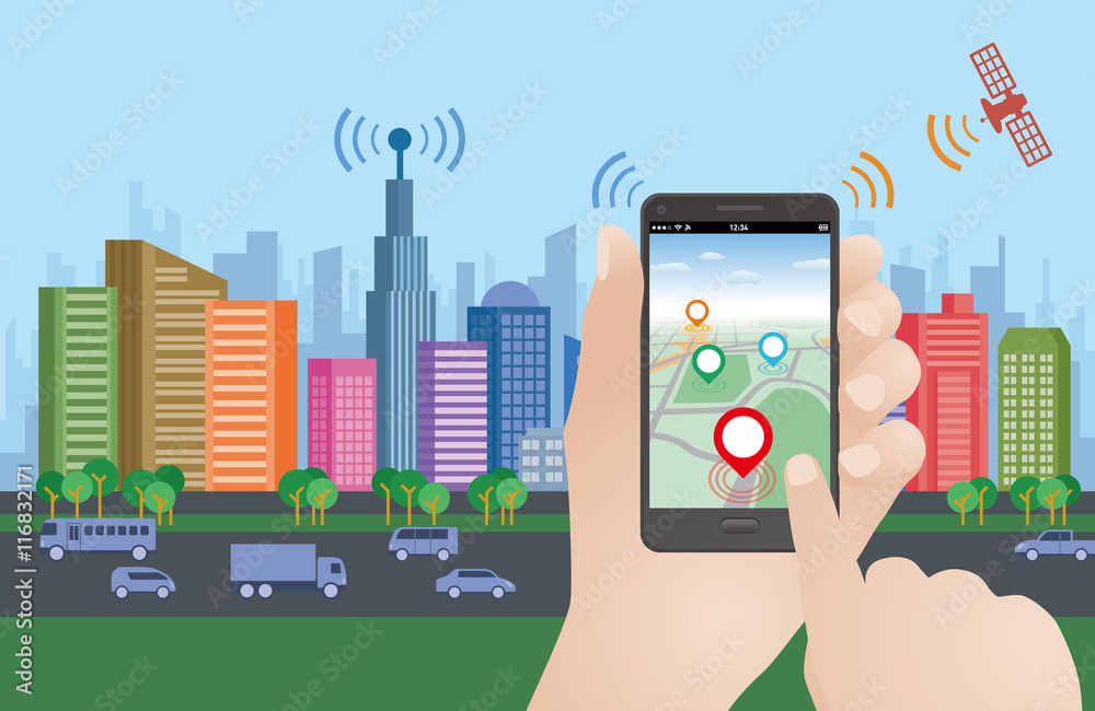 smart city and smart phone application using location information, hand hold smart phone, vector illustration