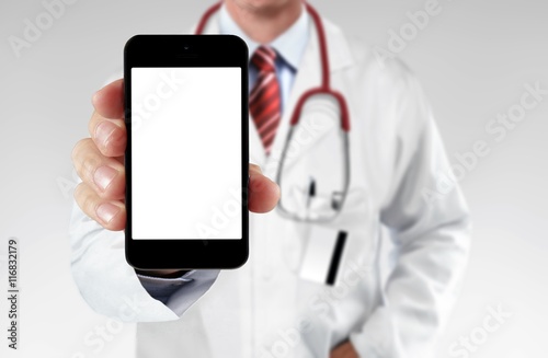 Doctor showing information on a smartphone