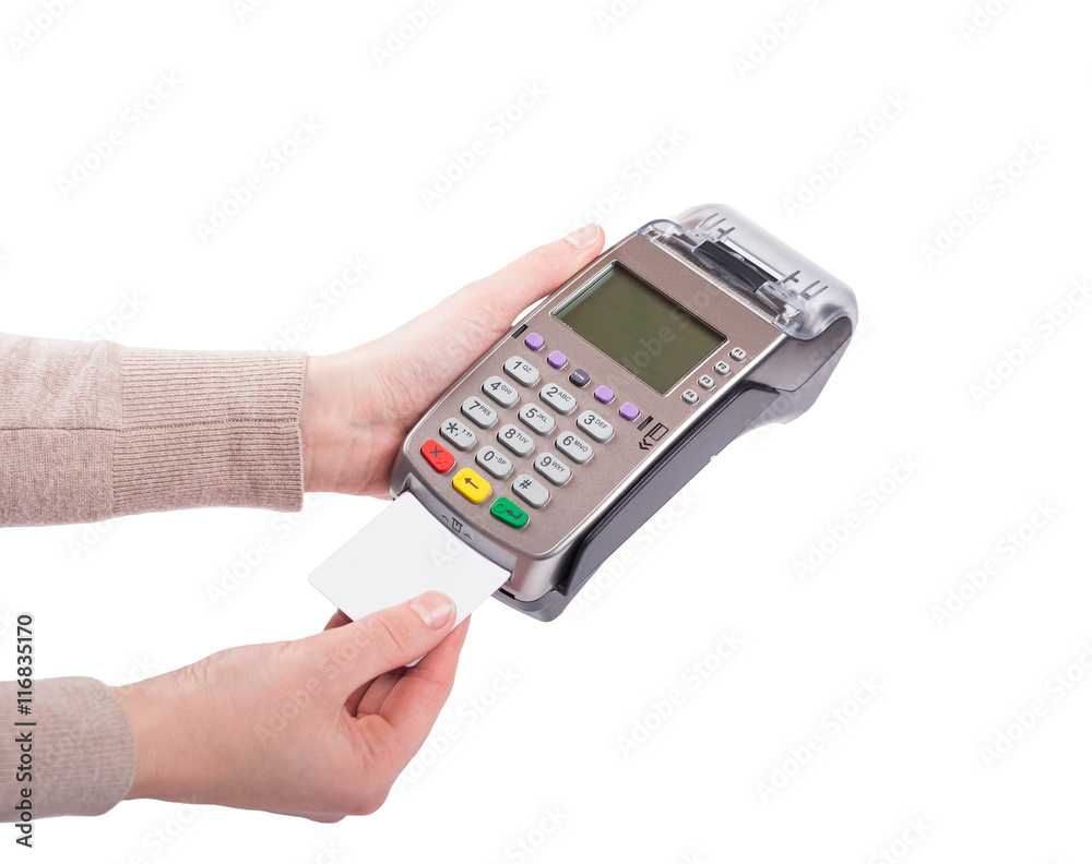 Credit card in credit card machine isolated on white Credit card in credit card machine isolated on white
