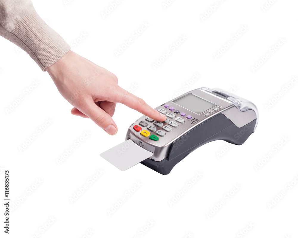 Dialing pin code on in pos terminal isolated on white Dialing pin code on in pos terminal isolated on white