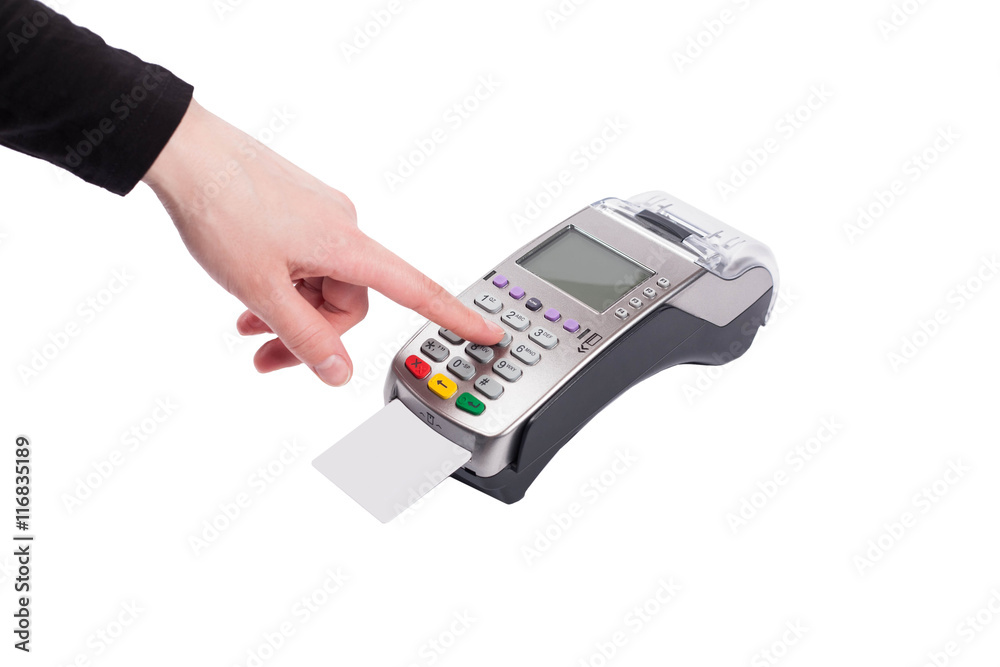 Dialing pin code in pos terminal isolated on white Dialing pin code in pos terminal isolated on white