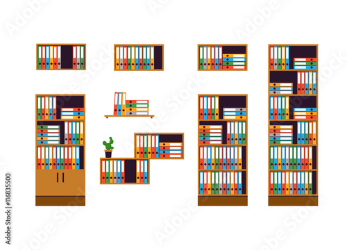 Set of office furniture. Cabinets and shelves for storage of documents isolated on white background. Colorful folders are in order. Flat style. Vector