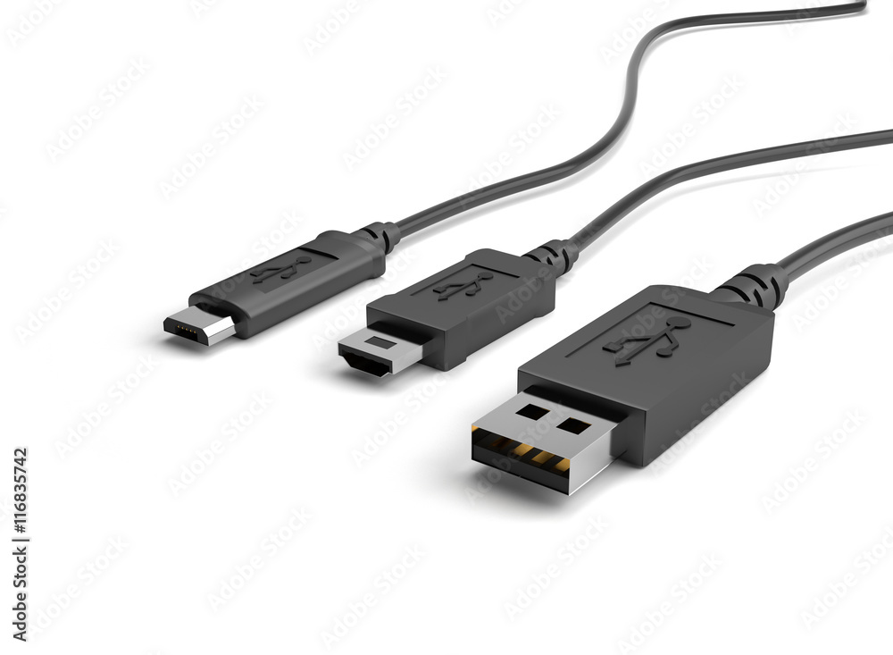 3D Illustration USB Cable Plugs on white background. 3D Illustration USB Cable Plugs on white background.