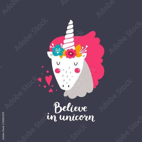Vector baby unicorn. Kids illustration for design prints, cards and birthday invitations. Girl cards with cute unicorn, flowers and hand drawn lettering. Believe in unicorn