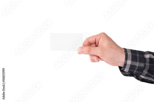 Hand holding blank business card isolated on white