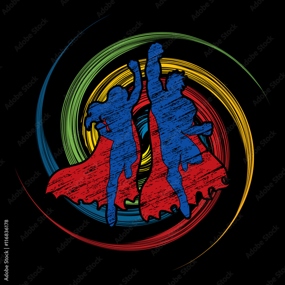 Superhero Man and Woman jumping designed on spin wheel background graphic vector.