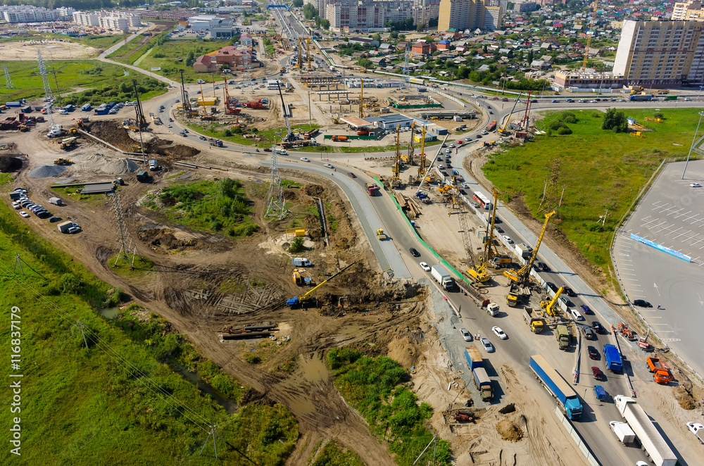 Tyumen, Russia - July 27, 2016: Construction of two-level outcome on bypass road on Fedyuninskogo and Melnikayte streets intersection