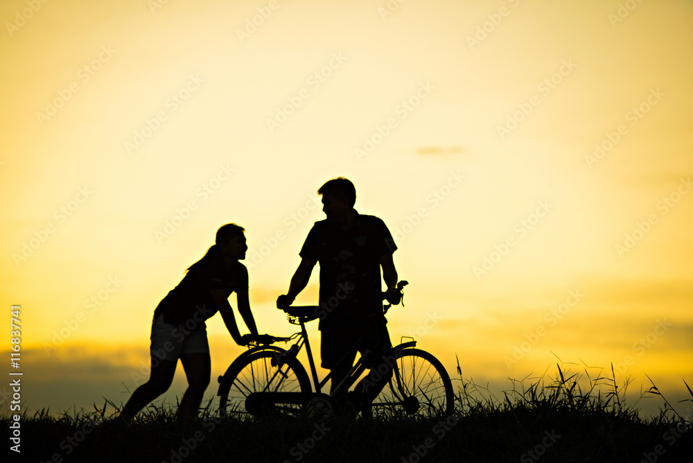 Obraz premium sillhouette of man and woman walking park with vintage bicycle at sunset time.