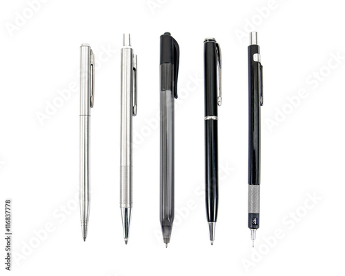 Set of pens and mechanical pencil isolated on white background photo