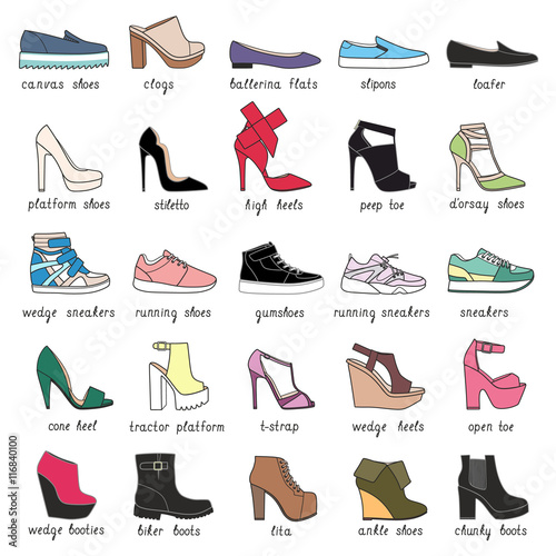 Set with 25 different types of women's shoes. Stock Vector