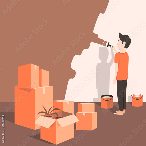 Man paints the wall at home. Cartoon style. Vector illustration