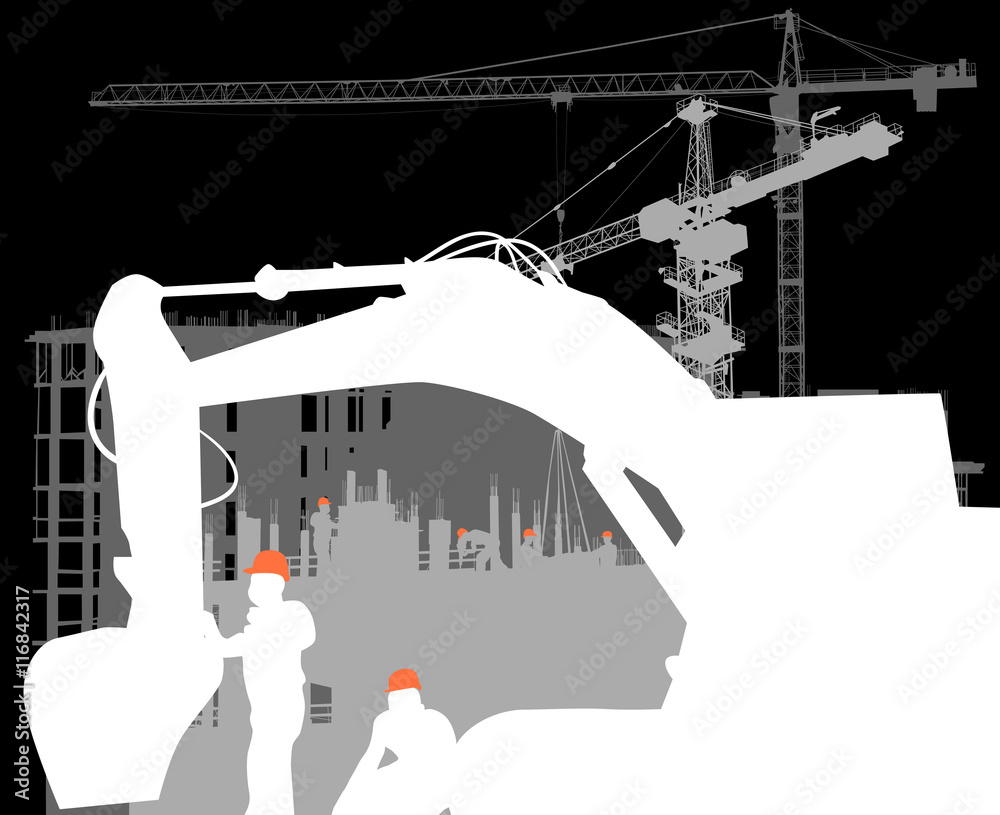 Fototapeta premium digger in front of house building and cranes on black