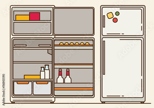 Refrigerator opened. Fridge Open and Closed.