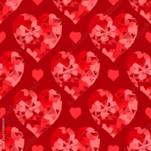 Valentine Holiday Background with Red Hearts, Low Poly Abstract Pattern, Colorful Polygonal Background. Vector