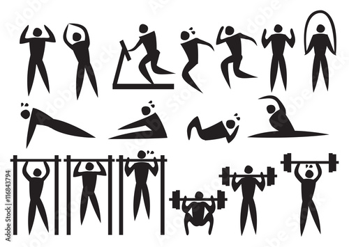 Icon of sport man in the different exercise activities.