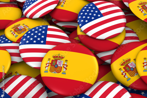 Spain and USA Badges Background - Pile of Spanish and US Flag Buttons 3D Illustration