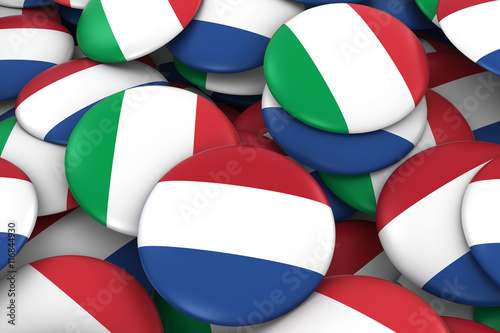 Netherlands and Italy Badges Background - Pile of Dutch and Italian Flag Buttons 3D Illustration