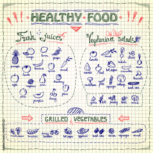 Healthy food menu list with hand drawn assorted fruits and vegetables graphic symbols