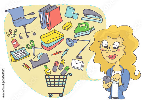 Business woman shopping online for office supplies. Online shopping with mobile phone in business.