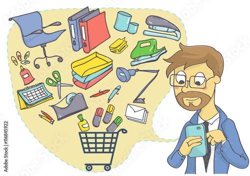 Business man shopping online for office supplies. Online shopping with mobile phone for business.