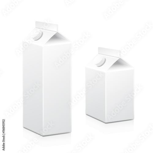 Milk and juice white carton boxes packages with lid. Vector