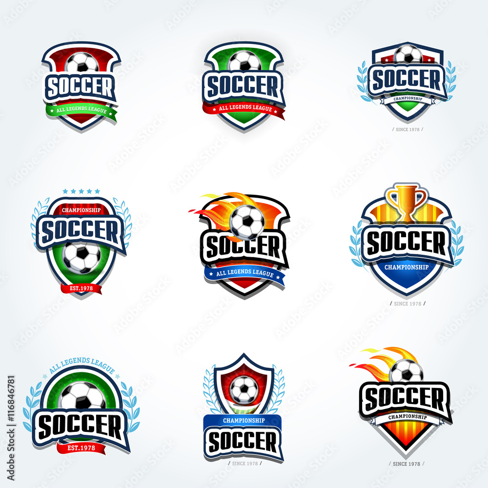 Naklejka premium Soccer logo set. Football logotypes. Set of soccer football crests and logo template emblem designs, logotypes design concepts of football icons. Collection of Soccer Themed T shirt Graphics