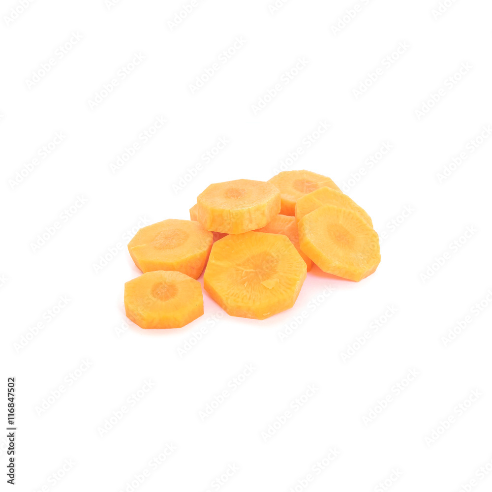 Closeup pile of fresh cut carrot isolated on white background , prepare for cook concept with clipping path Closeup pile of fresh cut carrot isolated on white background , prepare for cook concept with clipping path