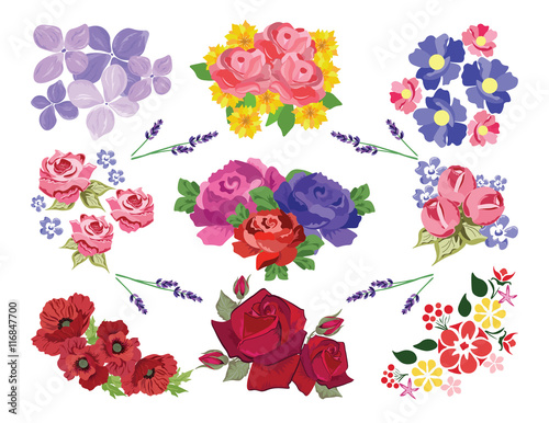 Vector Spring Summer floral set. Colorful floral collection with leaves and f...