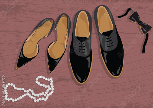 Stiletto and black leather men's shoes. Black elegant shoes Vector