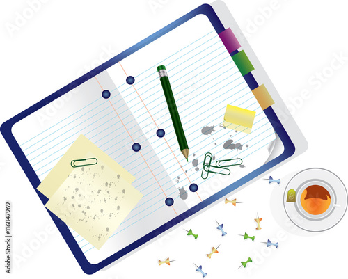 Papers, Notebook, Pen, Office Clips and Cup of Tea Vector Illustration. Flat top view Office table