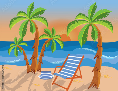 Tropical beach with palms and lounge chair. Vector background