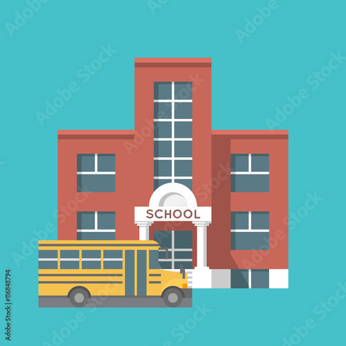 Vector school building and school bus icon. Infographic element. Flat style illustration