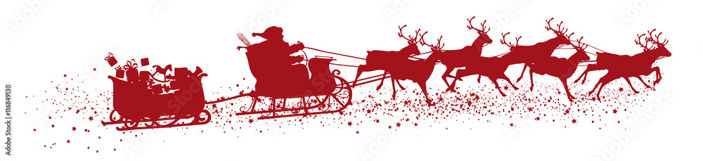 Santa Claus with Reindeer Sleigh and Trailer - Red Vector Silhouette - obrazy, fototapety, plakaty 