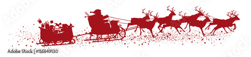 Obraz na płótnie Santa Claus with Reindeer Sleigh and Trailer - Red Vector Silhouette w salonie
