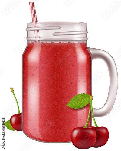 Cherry juice / smoothie in a mason jar mug. Vector illustration.