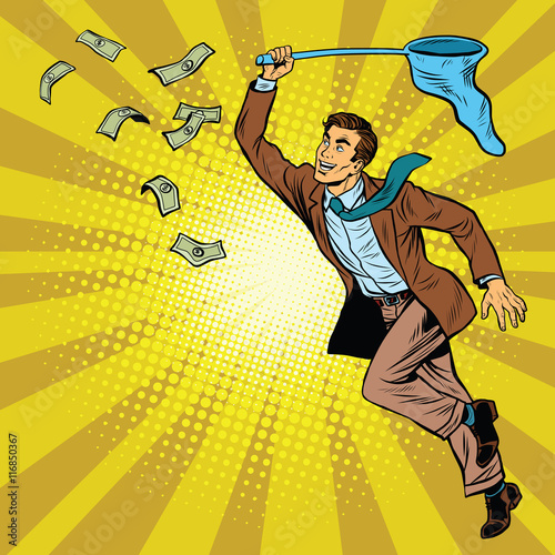 Business man catching money with a butterfly net