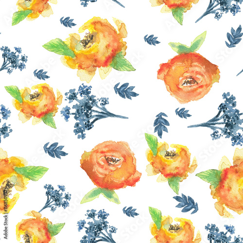 Floral background. Hand painted watercolor. Yellow roses  blue berries.