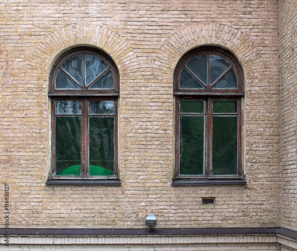 Old windows, grunge windows, brick texture Old windows, grunge windows, brick texture