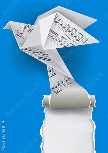 Origami dove with musical notes.
Origami paper pigeon with musical notes ripping paper background. Theme to use for music notebook, posters and hymnals.Vector available.

