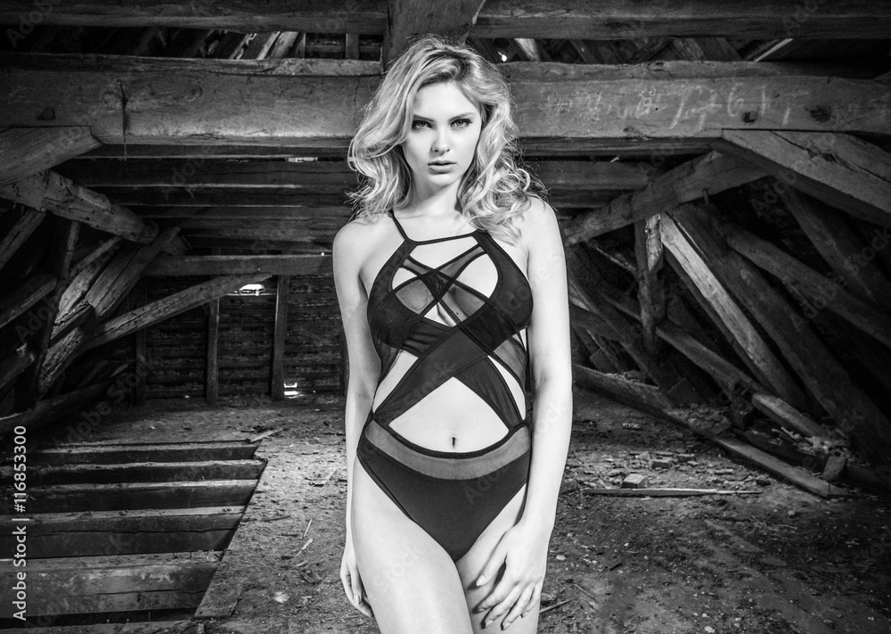 Blonde sensual woman posing in old wooden attic of abandoned building  wearing black sexy lingerie - black and white photography Stock Photo |  Adobe Stock