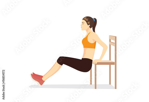Woman workout with chair for body firming. Illustration about healthy even though no time.