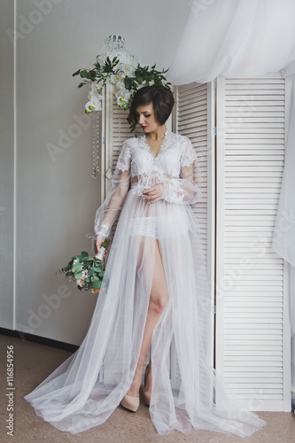 Girl in a semitransparent negligee stands on the background of b
