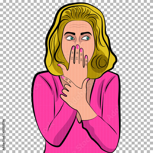 Pop art cute woman with covering her mouth