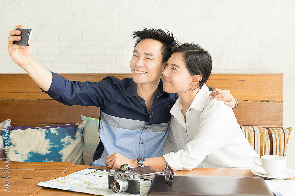 Fototapeta premium asian people selfie ,one man and one woman