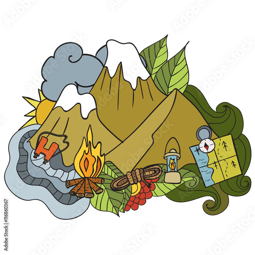 Recreation. Tourism and camping. Hand drawn doodle Elements - vector illustration.