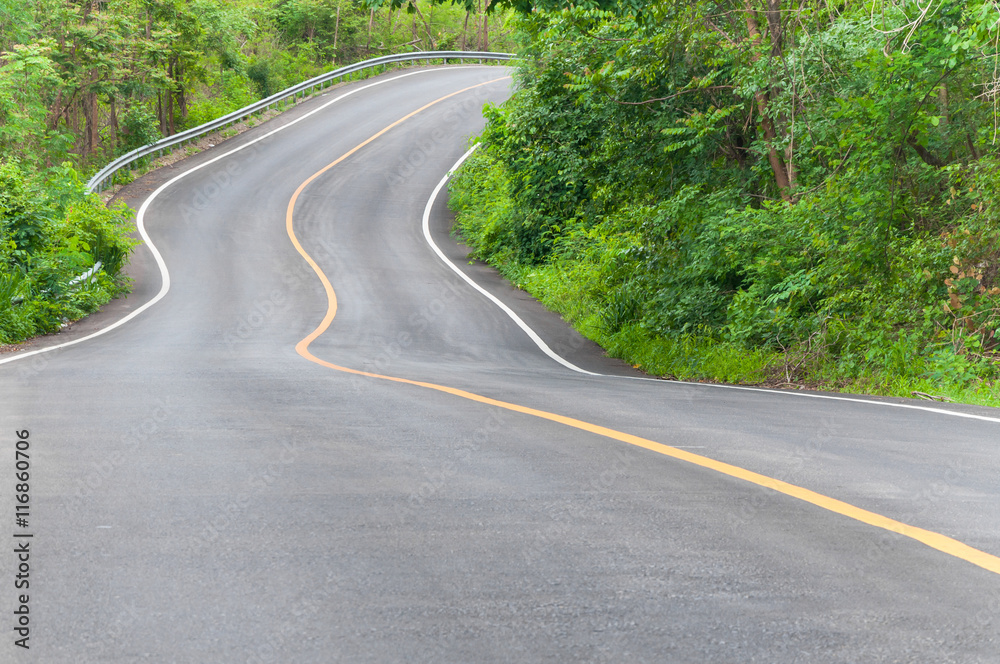 Countryside road with trees on both sides,Curve of the road