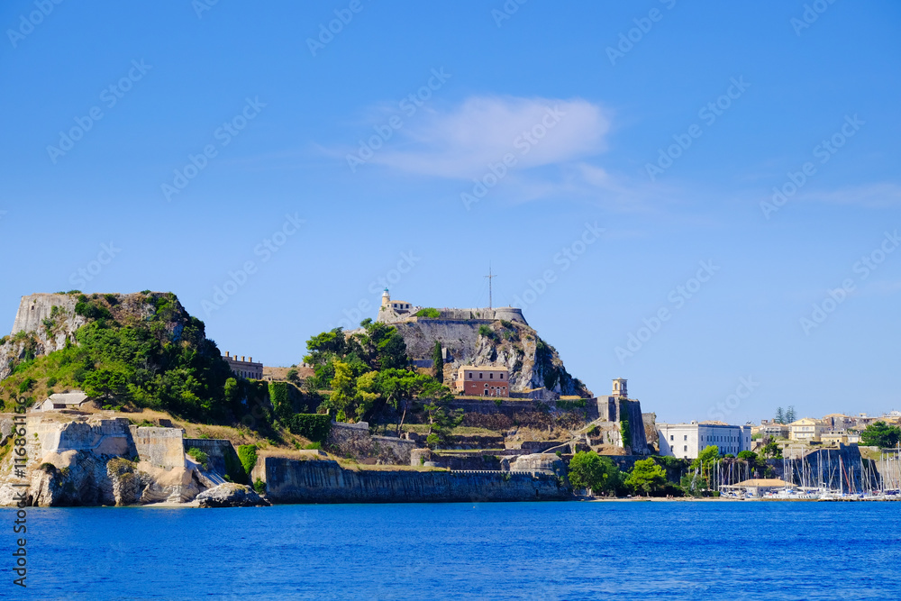 Corfu  fortress walls as seen from the sea panoramic shot. Old V