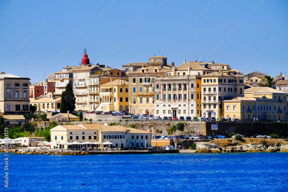 Panorama Corfu town from the sea. Old town buildings of Kerkyra