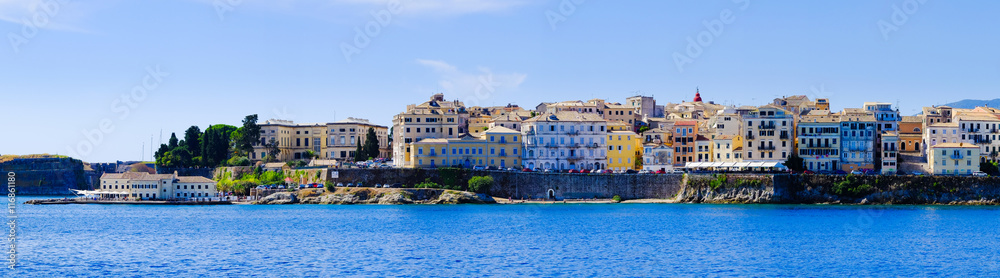 Panorama of  Corfu town from the sea. Old town buildings of Kerk